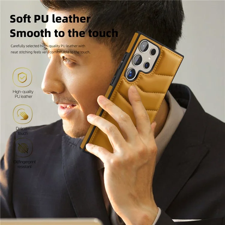 Для Samsung Galaxy S24 Ultra Magnetic Case Down Coat Style Leather+TPU Kickstand Phone Cover - Коричневый