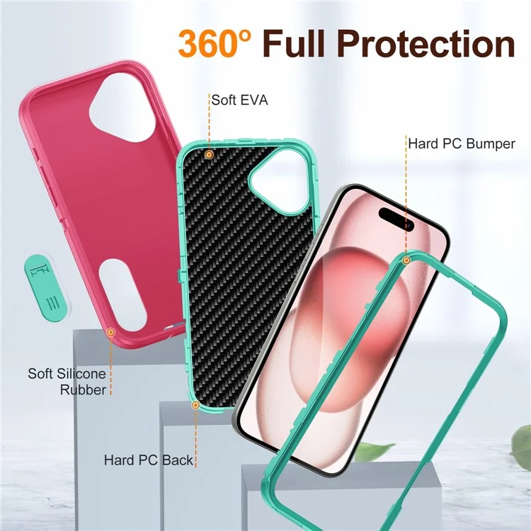 Per iPhone 16 Case PC+Silicone+EVA Supporto a Piedistallo a Prova di Caduta Custodia Telefonica - Rosa+Ciano Chiaro