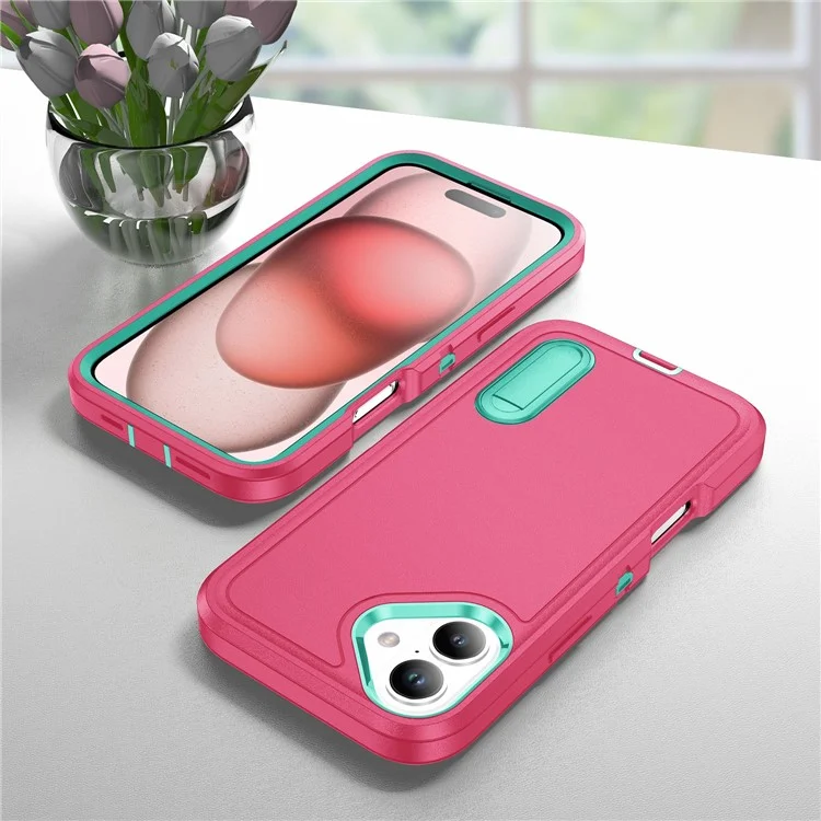 Per iPhone 16 Case PC+Silicone+EVA Supporto a Piedistallo a Prova di Caduta Custodia Telefonica - Rosa+Ciano Chiaro