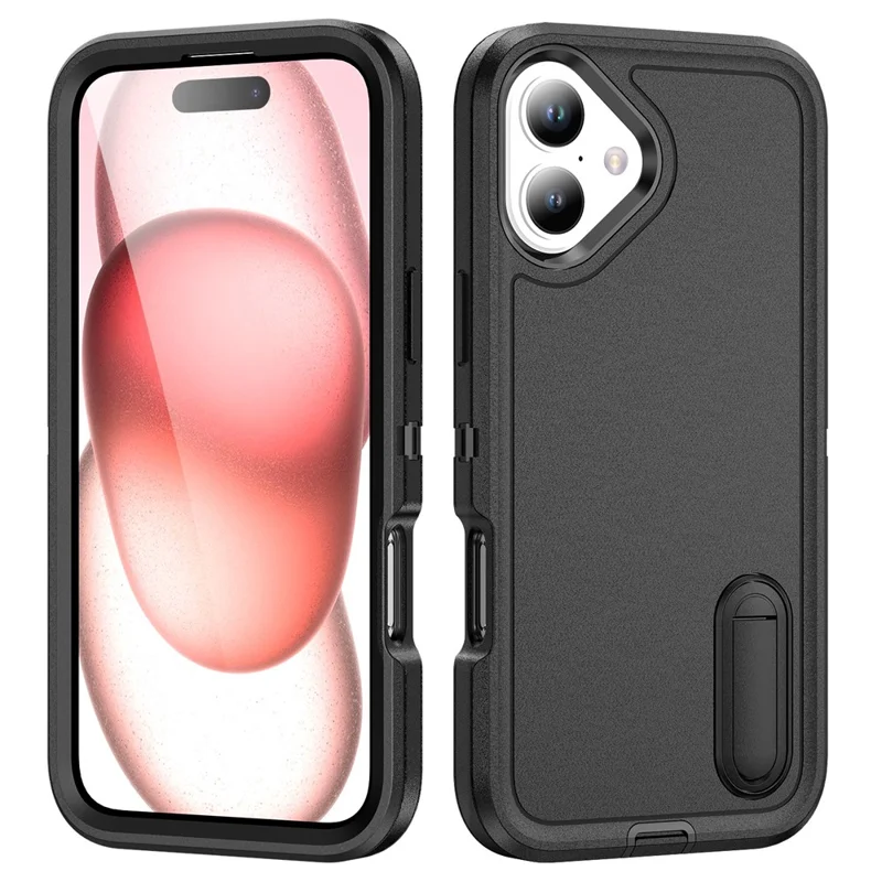 For iPhone 16 Plus Case Kickstand Phone Cover PC+Silicone+EVA 3-in-1 Design - Black+Black