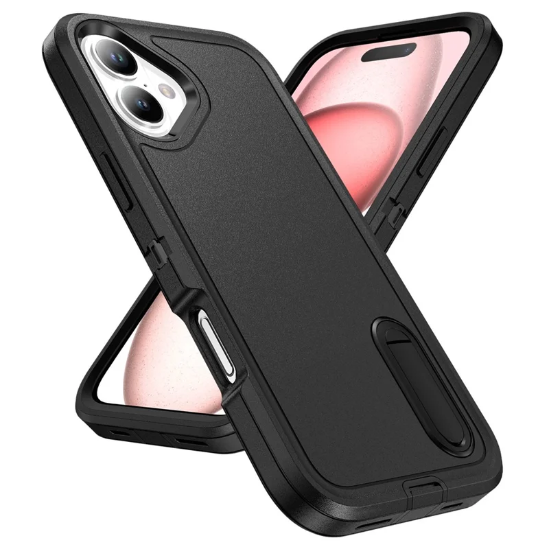 For iPhone 16 Plus Case Kickstand Phone Cover PC+Silicone+EVA 3-in-1 Design - Black+Black