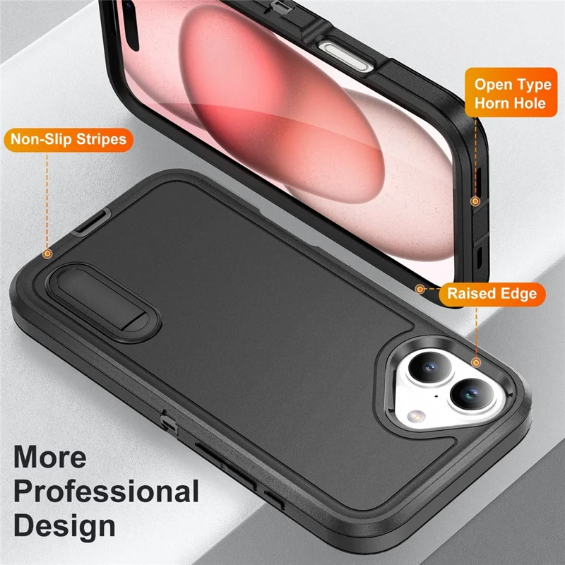 For iPhone 16 Plus Case Kickstand Phone Cover PC+Silicone+EVA 3-in-1 Design - Black+Black