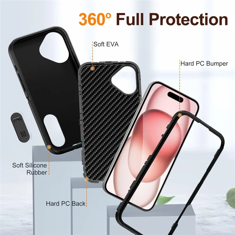 For iPhone 16 Plus Case Kickstand Phone Cover PC+Silicone+EVA 3-in-1 Design - Black+Black