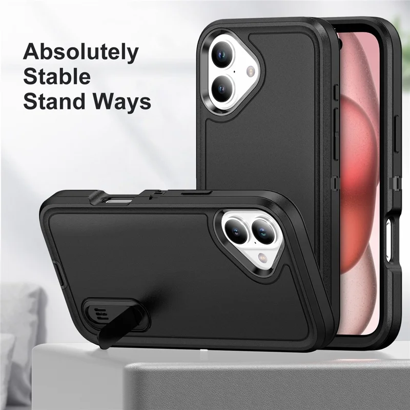For iPhone 16 Plus Case Kickstand Phone Cover PC+Silicone+EVA 3-in-1 Design - Black+Black