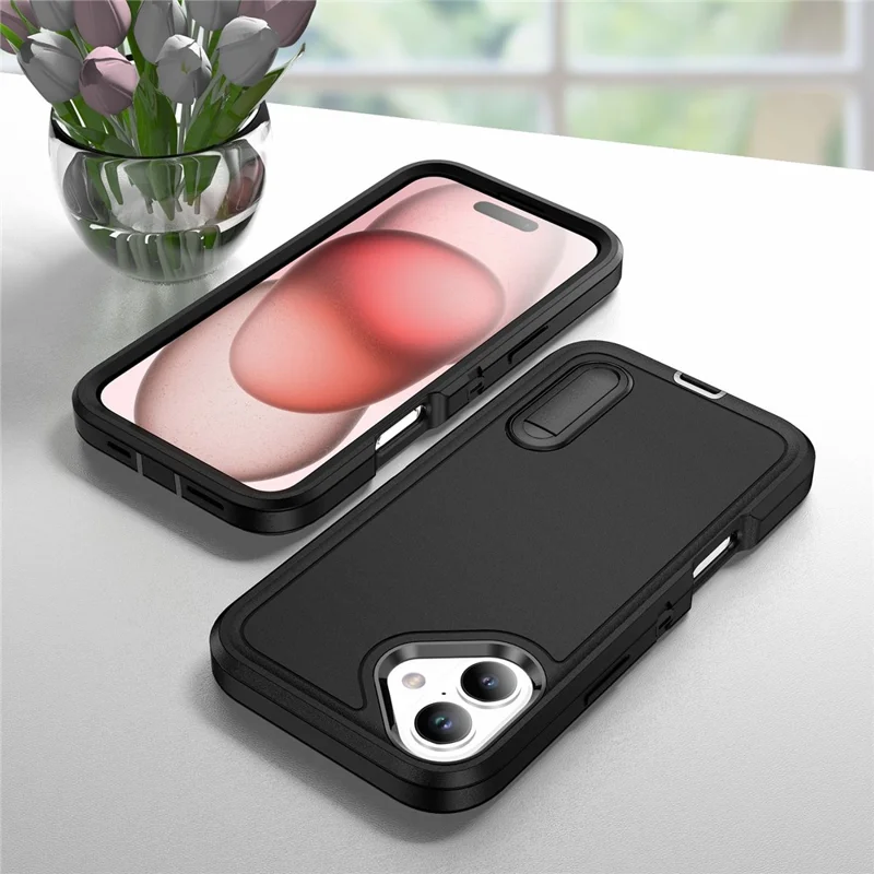 For iPhone 16 Plus Case Kickstand Phone Cover PC+Silicone+EVA 3-in-1 Design - Black+Black