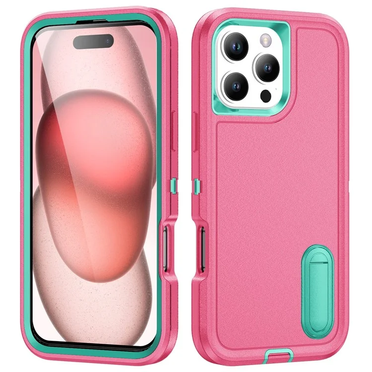 Per iPhone 16 Pro Case PC+Silicone+EVA 3-in-1 Protective Phone Cover with Kickstand - Rose+Light Cyan