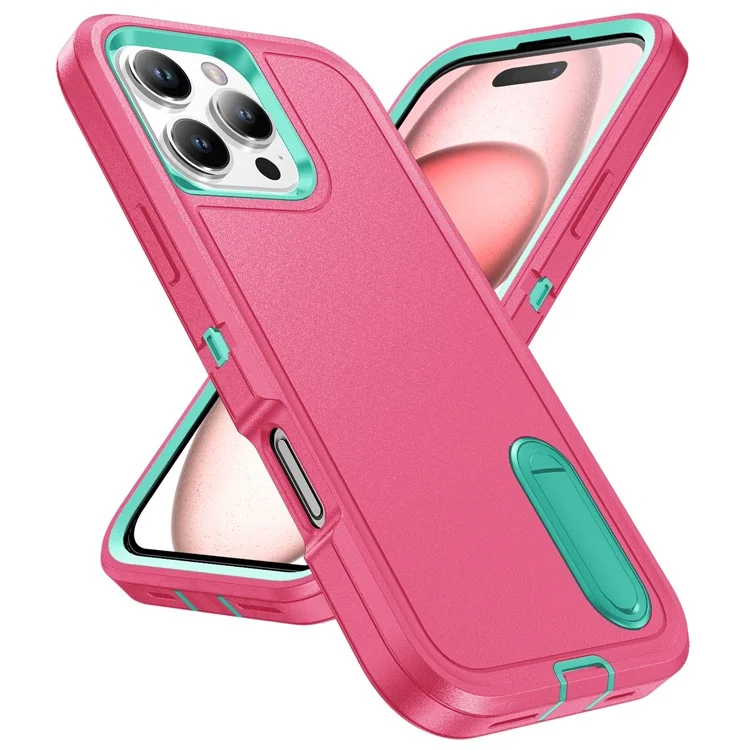 Per iPhone 16 Pro Case PC+Silicone+EVA 3-in-1 Protective Phone Cover with Kickstand - Rose+Light Cyan