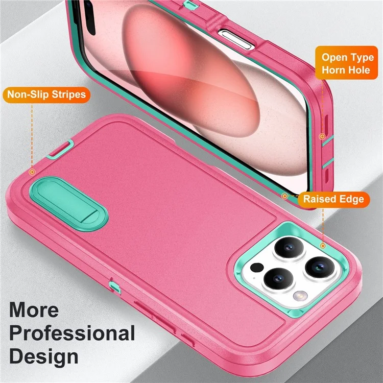 Per iPhone 16 Pro Case PC+Silicone+EVA 3-in-1 Protective Phone Cover with Kickstand - Rose+Light Cyan