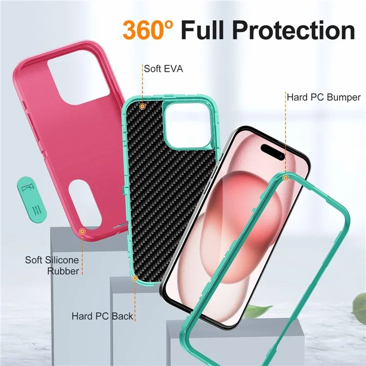 Per iPhone 16 Pro Case PC+Silicone+EVA 3-in-1 Protective Phone Cover with Kickstand - Rose+Light Cyan