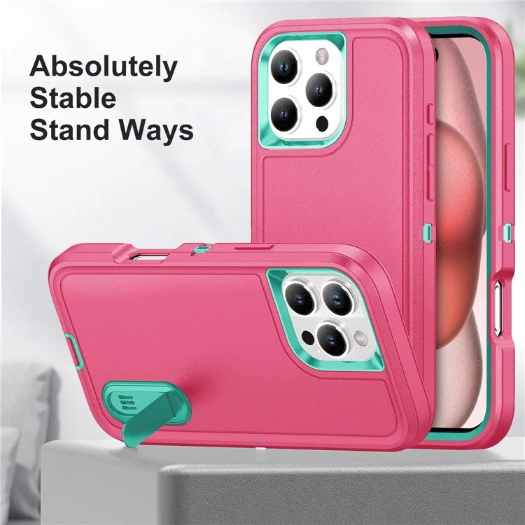 Per iPhone 16 Pro Case PC+Silicone+EVA 3-in-1 Protective Phone Cover with Kickstand - Rose+Light Cyan