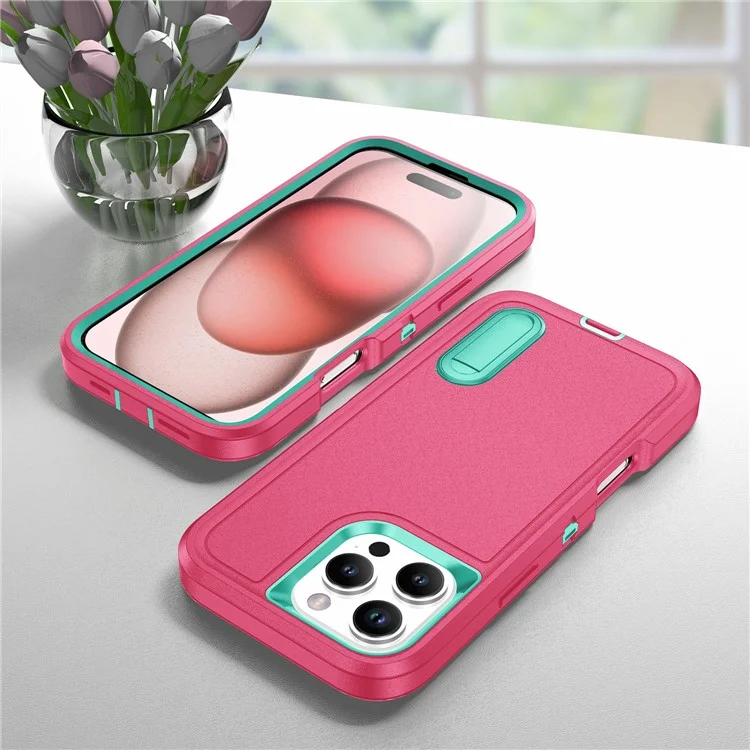 Per iPhone 16 Pro Case PC+Silicone+EVA 3-in-1 Protective Phone Cover with Kickstand - Rose+Light Cyan