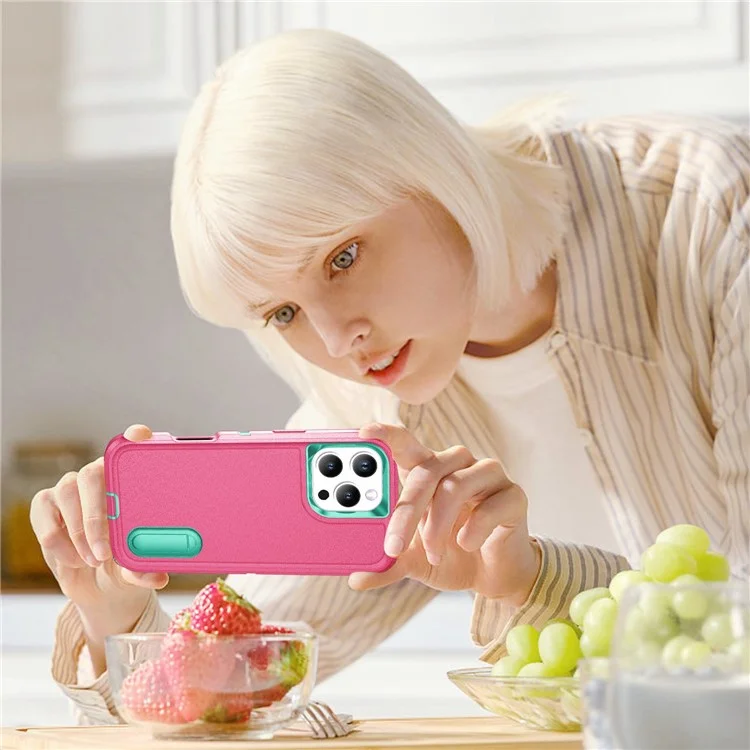Per iPhone 16 Pro Case PC+Silicone+EVA 3-in-1 Protective Phone Cover with Kickstand - Rose+Light Cyan