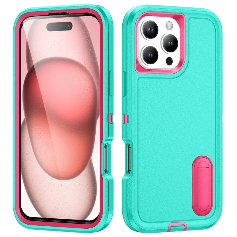 For iPhone 16 Pro Case PC+Silicone+EVA 3-in-1 Protective Phone Cover with Kickstand - Light Cyan+Rose