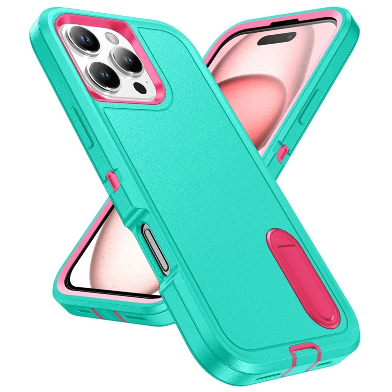 For iPhone 16 Pro Case PC+Silicone+EVA 3-in-1 Protective Phone Cover with Kickstand - Light Cyan+Rose