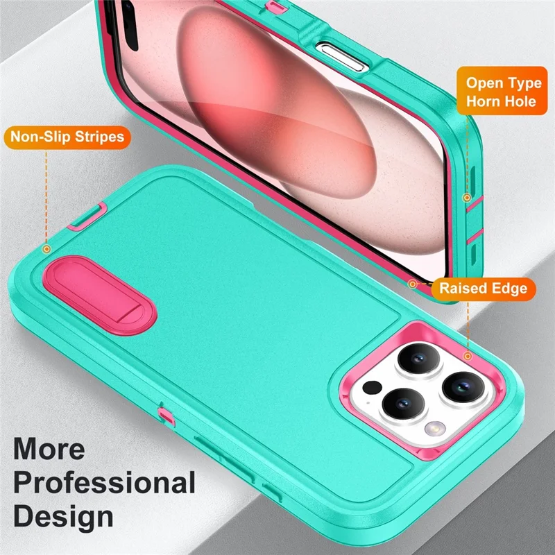 For iPhone 16 Pro Case PC+Silicone+EVA 3-in-1 Protective Phone Cover with Kickstand - Light Cyan+Rose
