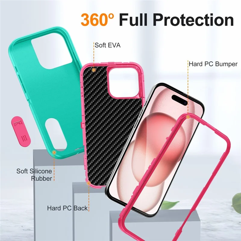 For iPhone 16 Pro Case PC+Silicone+EVA 3-in-1 Protective Phone Cover with Kickstand - Light Cyan+Rose