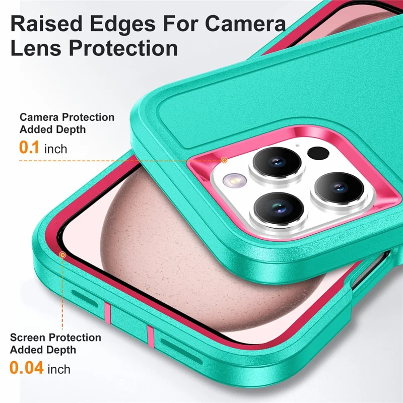 For iPhone 16 Pro Case PC+Silicone+EVA 3-in-1 Protective Phone Cover with Kickstand - Light Cyan+Rose