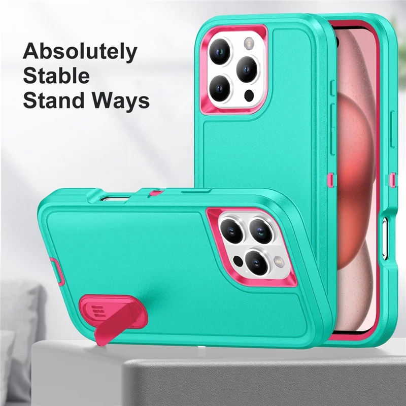 For iPhone 16 Pro Case PC+Silicone+EVA 3-in-1 Protective Phone Cover with Kickstand - Light Cyan+Rose
