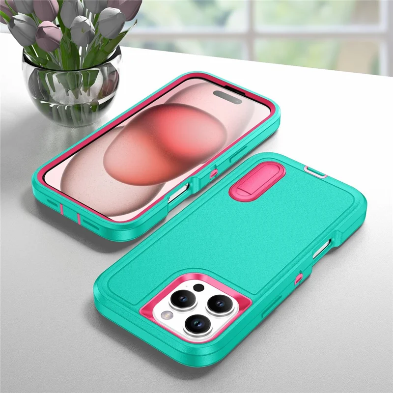 For iPhone 16 Pro Case PC+Silicone+EVA 3-in-1 Protective Phone Cover with Kickstand - Light Cyan+Rose