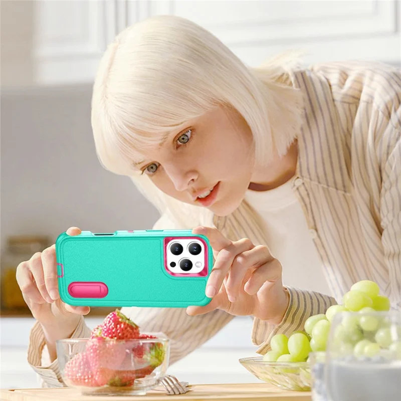 For iPhone 16 Pro Case PC+Silicone+EVA 3-in-1 Protective Phone Cover with Kickstand - Light Cyan+Rose