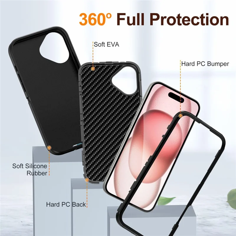 For iPhone 16 Case PC+Silicone+EVA Military Grade Protection Phone Cover - Black+Black