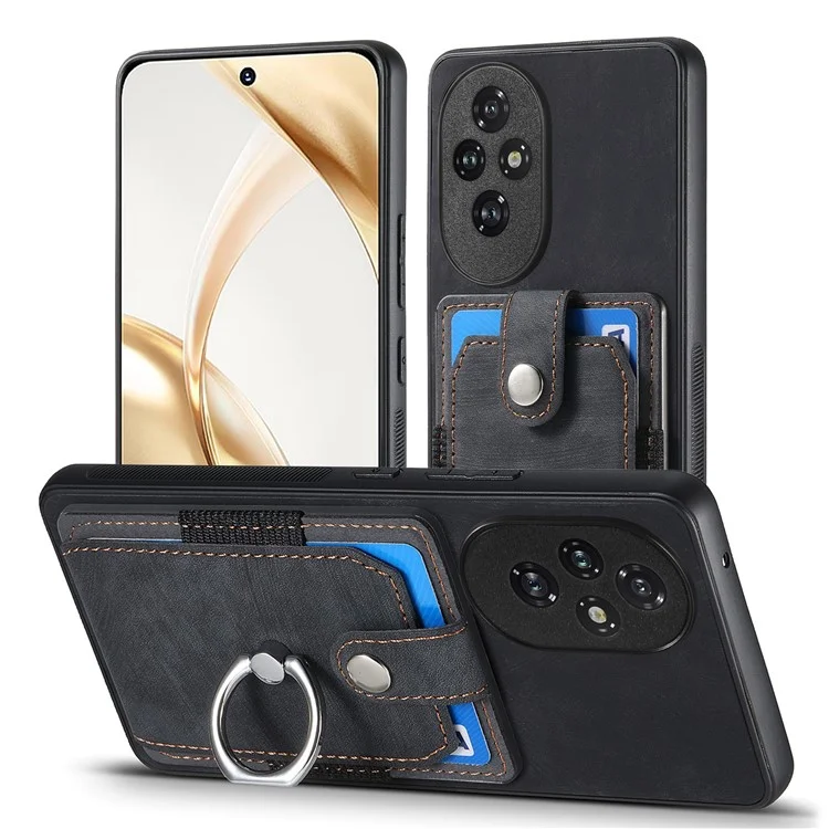 Capa D2 para Honor 200 Pro 5G com suporte para kickstand, couro+TPU antiderrapante, compartimentos para cartões - Preta