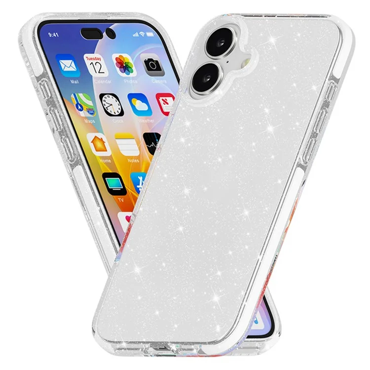 For iPhone 16 Plus Case Clear Glitter PC+TPU+TPE Anti-Scratch Phone Cover