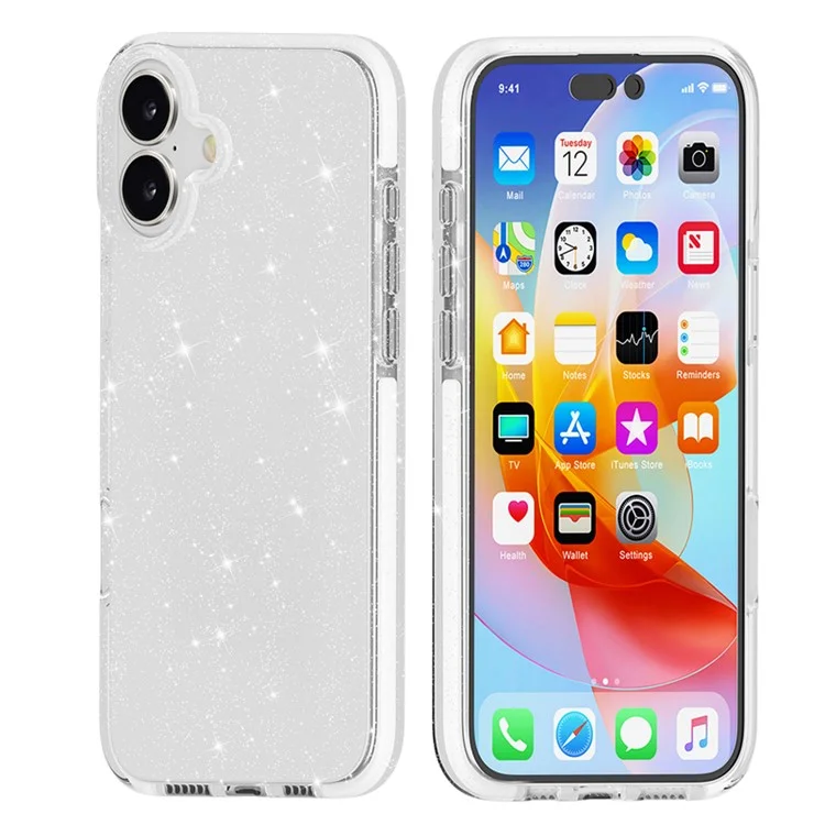 For iPhone 16 Plus Case Clear Glitter PC+TPU+TPE Anti-Scratch Phone Cover