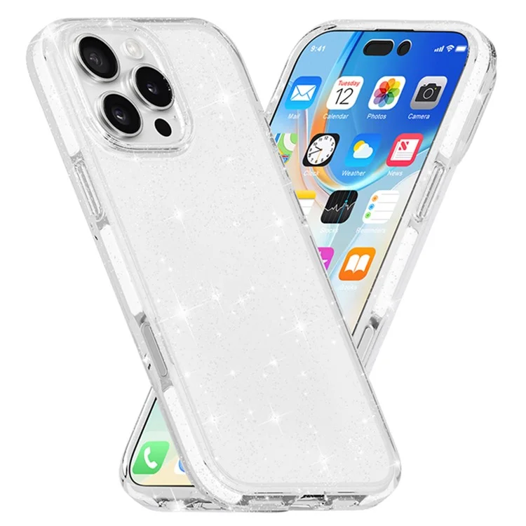 Caso do iPhone 16 Pro PC Back TPU+TPE Frame Glitter Clear Sparkling Phone Cover
