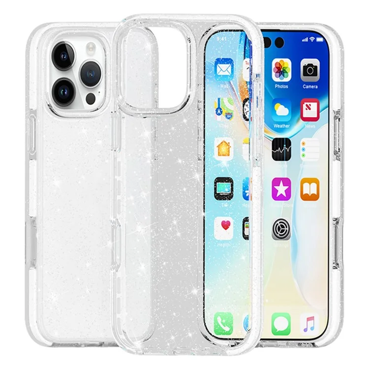 Caso do iPhone 16 Pro PC Back TPU+TPE Frame Glitter Clear Sparkling Phone Cover