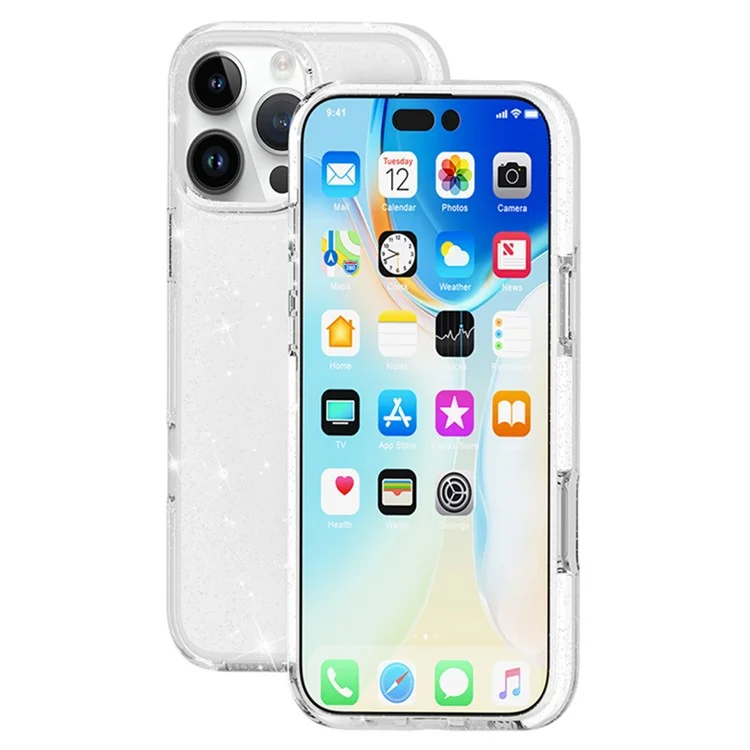 Caso do iPhone 16 Pro PC Back TPU+TPE Frame Glitter Clear Sparkling Phone Cover