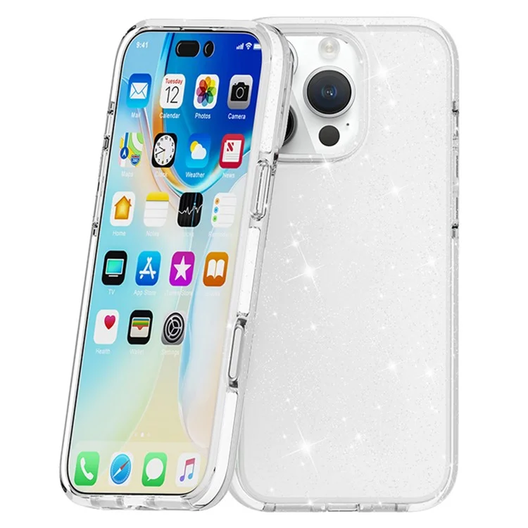 Caso do iPhone 16 Pro PC Back TPU+TPE Frame Glitter Clear Sparkling Phone Cover