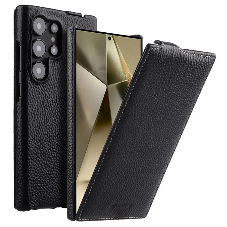 MELKCO Per Samsung Galaxy S24 Ultra Custodia in Vera Pelle Bovina Custodia per Telefono Verticale Up e Down Flip - Nero