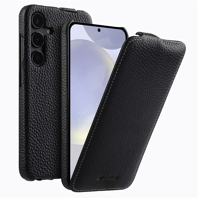 MELKCO For Samsung Galaxy S24 Case Vertical Flip Genuine Cow Leather Phone Cover Full Protection - Black