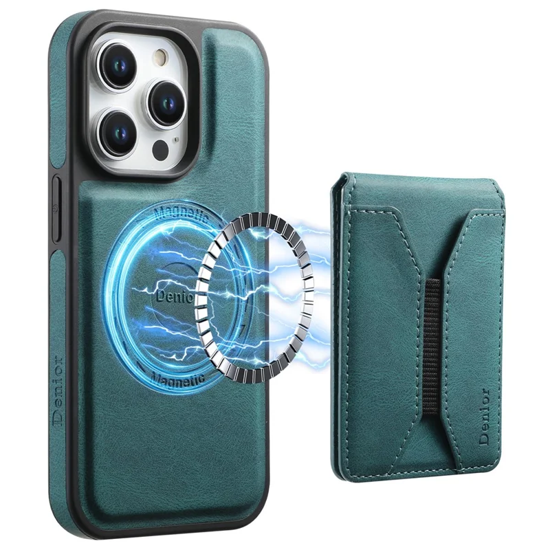 DENIOR D17 Für iPhone 15 Pro Magnetische Hülle Leder Rückseite Abnehmbare Kartentasche Ständer - Blau
