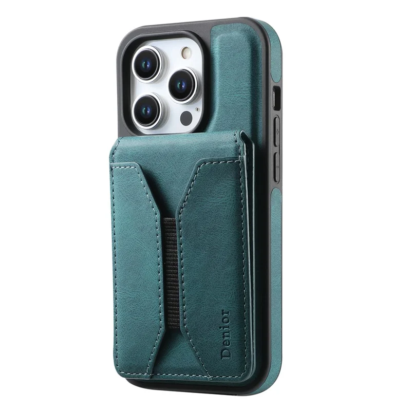 DENIOR D17 Für iPhone 15 Pro Magnetische Hülle Leder Rückseite Abnehmbare Kartentasche Ständer - Blau