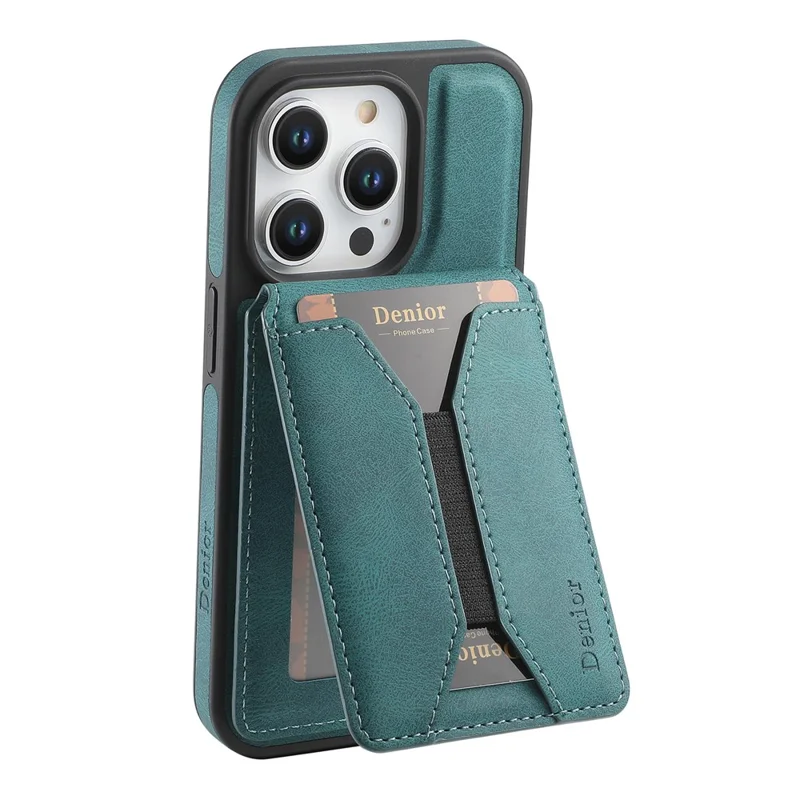 DENIOR D17 Für iPhone 15 Pro Magnetische Hülle Leder Rückseite Abnehmbare Kartentasche Ständer - Blau