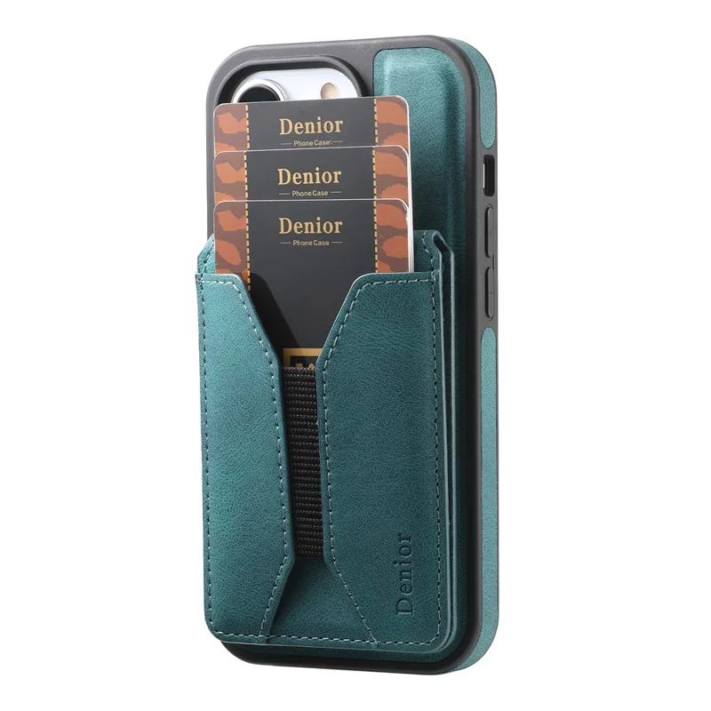 DENIOR D17 Für iPhone 15 Pro Magnetische Hülle Leder Rückseite Abnehmbare Kartentasche Ständer - Blau