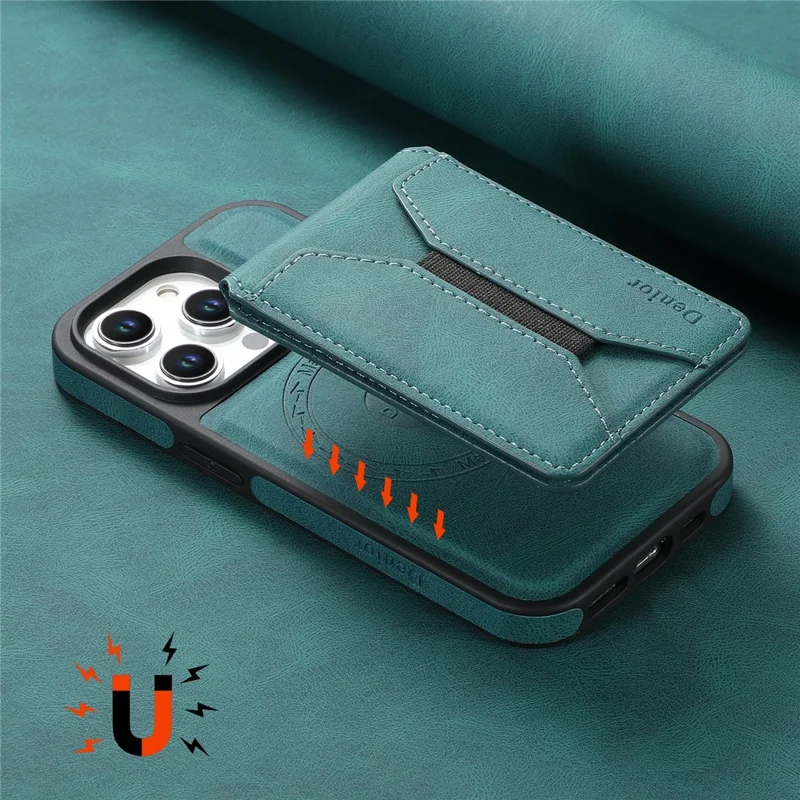 DENIOR D17 Für iPhone 15 Pro Magnetische Hülle Leder Rückseite Abnehmbare Kartentasche Ständer - Blau