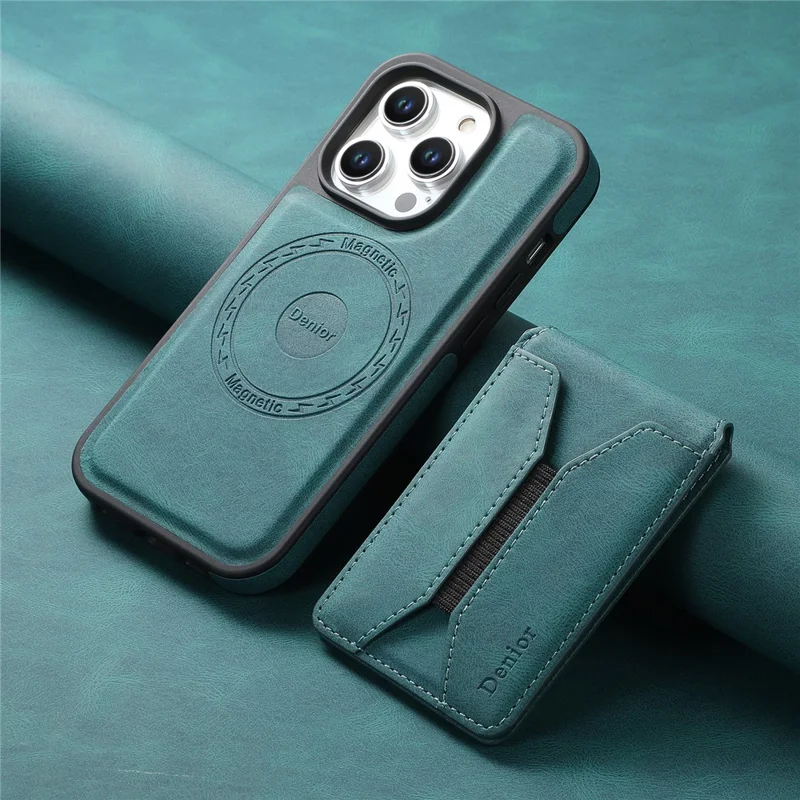 DENIOR D17 Für iPhone 15 Pro Magnetische Hülle Leder Rückseite Abnehmbare Kartentasche Ständer - Blau