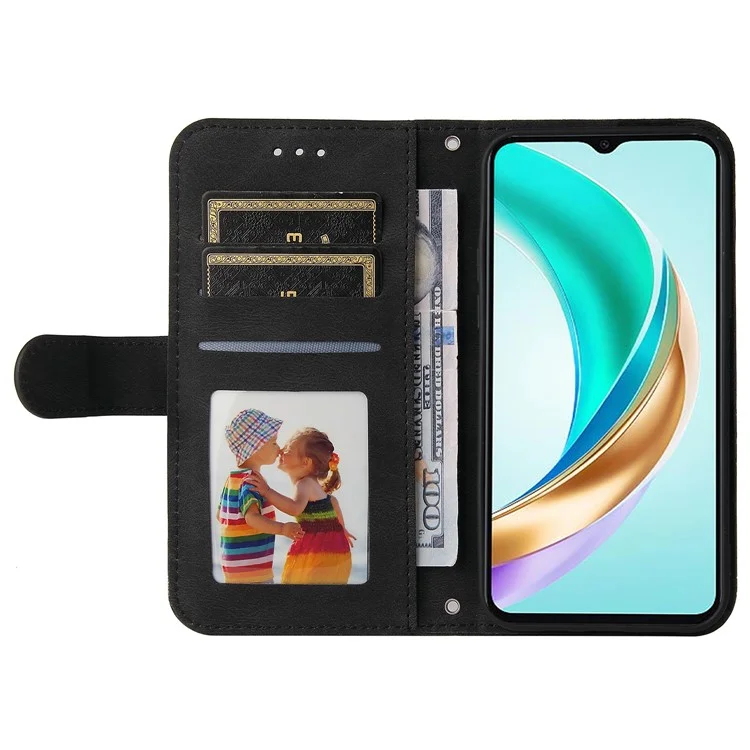 For Honor X6b 4G Leather Wallet Cases Skin Touch Phone Cover Stand with Strap - Black