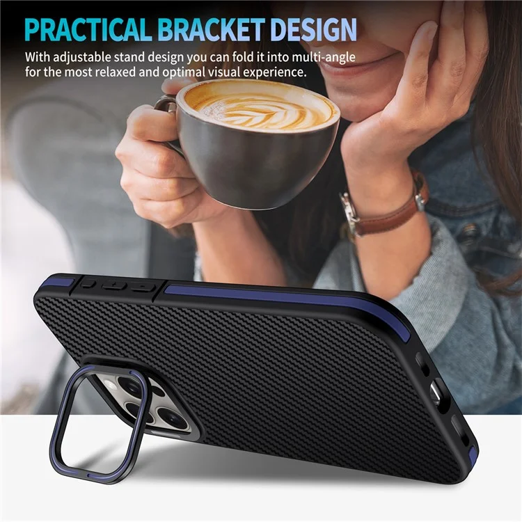 For iPhone 14 Pro Max Case PC Lens Frame Kickstand Carbon Fiber TPU Phone Cover - Blue