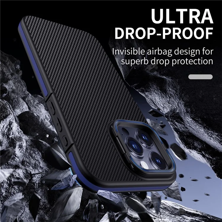 For iPhone 14 Pro Max Case PC Lens Frame Kickstand Carbon Fiber TPU Phone Cover - Blue