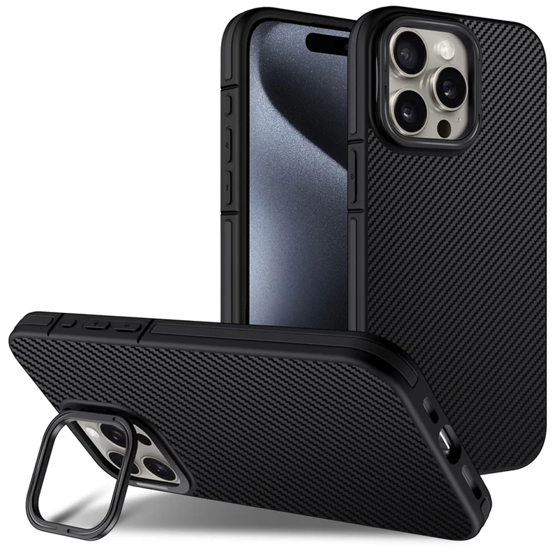 For iPhone 16 Pro Max Case TPU + PC Invisible Kickstand Phone Cover Carbon Fiber Texture - Black