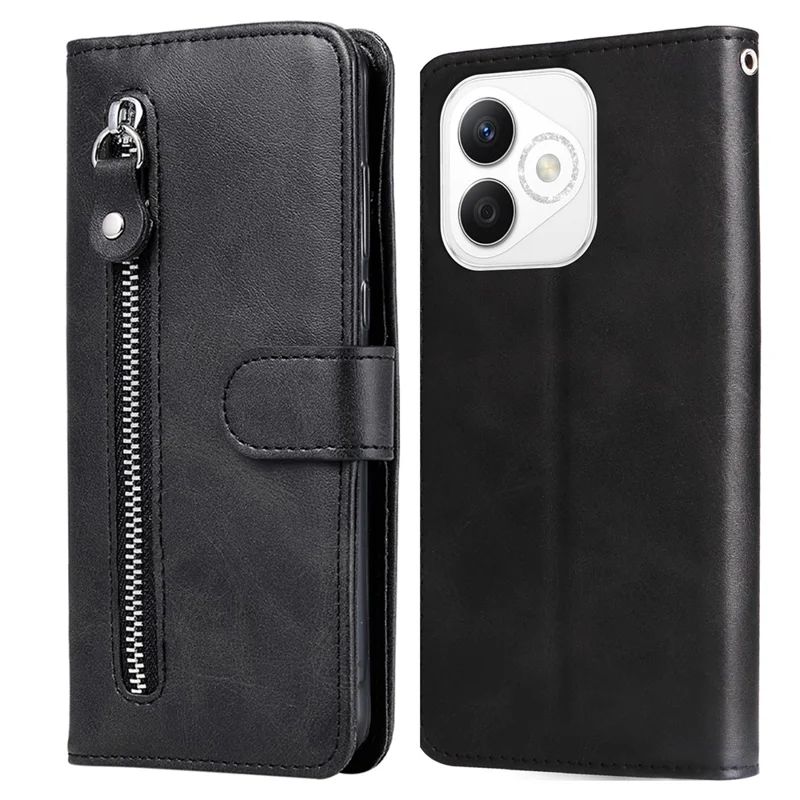 For Honor X60i 5G Case Zipper Wallet Calf Texture PU Leather Phone Cover - Black
