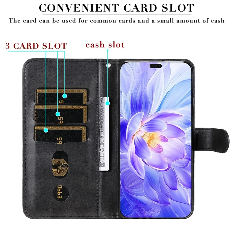 For Honor X60i 5G Case Zipper Wallet Calf Texture PU Leather Phone Cover - Black