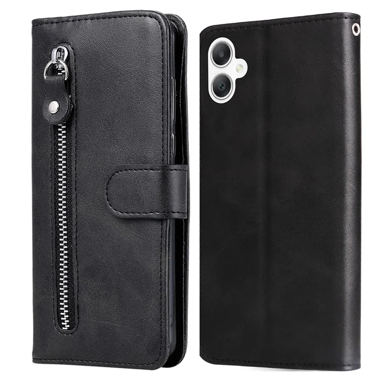 Für Samsung Galaxy A06 Case Zipper Wallet Kalbsleder Textur PU Leder Handyhülle - Schwarz