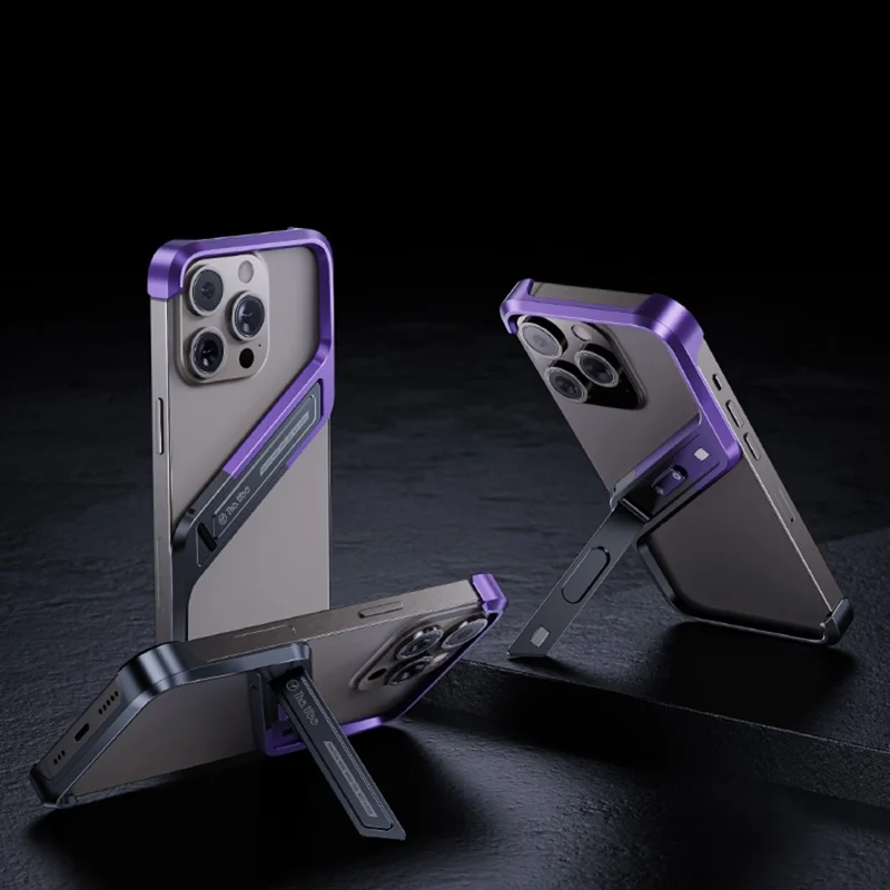 For iPhone 15 Pro Frameless Case S-shaped Aluminium Alloy Phone Cover with Kickstand - Silver
