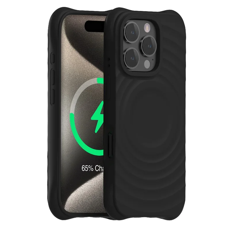 Pour iPhone 16 Pro Max Étui Magnétique Cas Texture Ondulée PC+Silicone Liquide Coque Téléphone Doublure en Microfibre - Noir