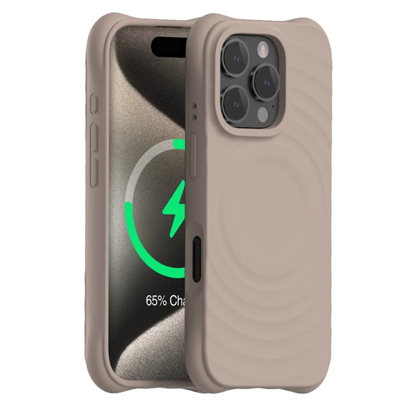 For iPhone 16 Pro Max Magnetic Case Ripple Texture PC+Liquid Silicone Phone Cover Microfiber Lining - Brown